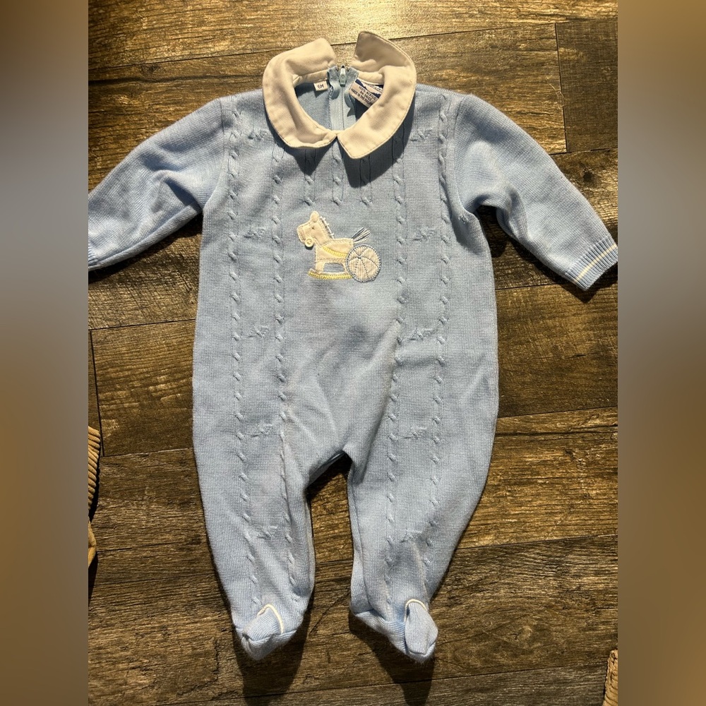 Carriage Boutique knit romper rocking horse print & white collar 6 month